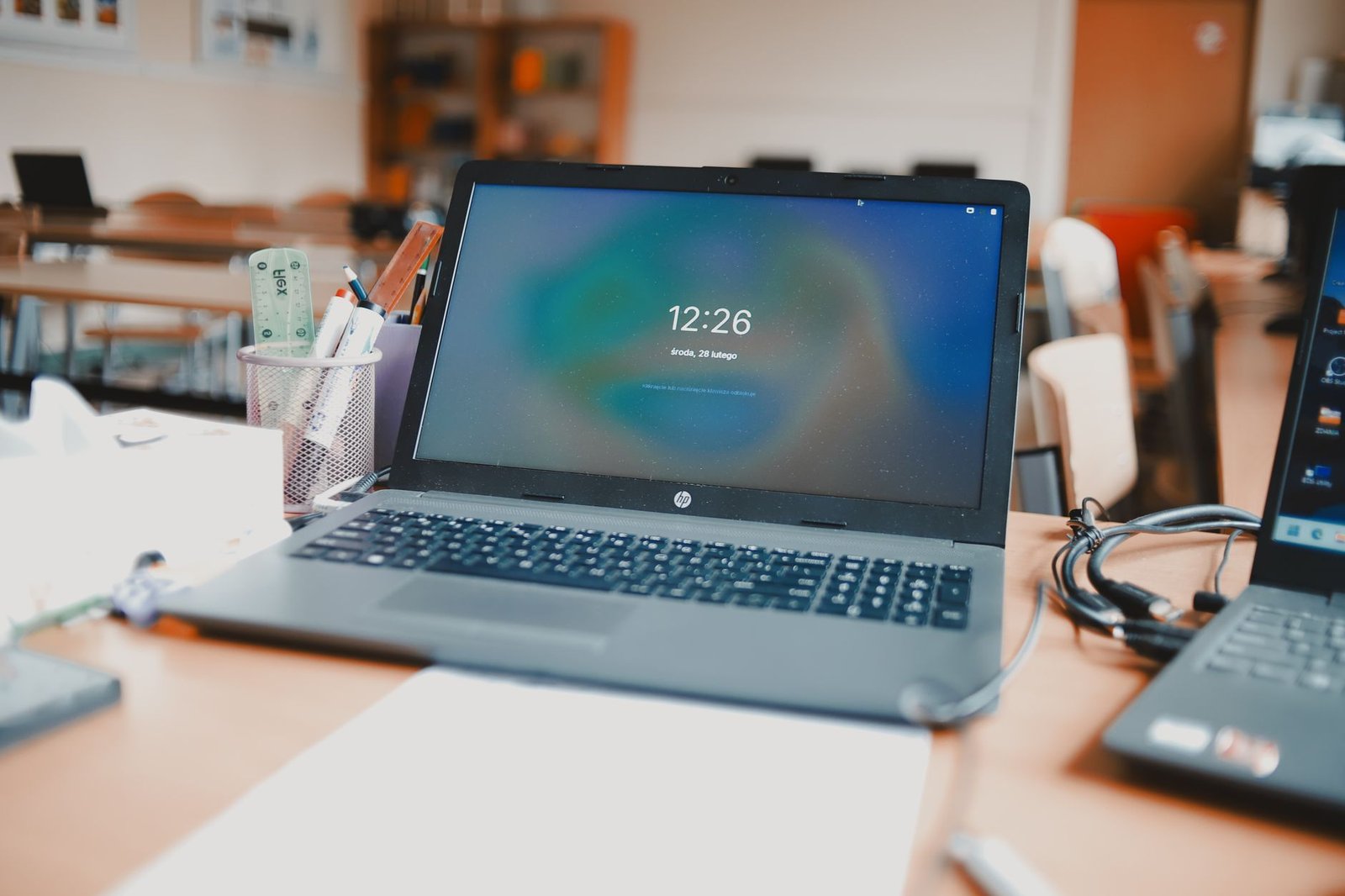 Laptop open on a clean desk